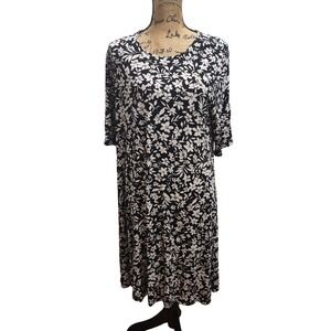 Old Navy XL Black White Floral Print Knit Swing Midi‎ Dress Womens